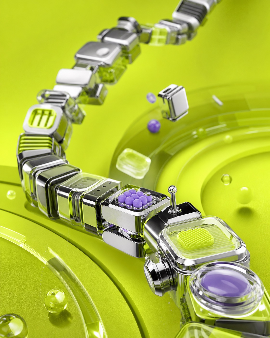 Modular chrome automation chain flowing through an acid green space