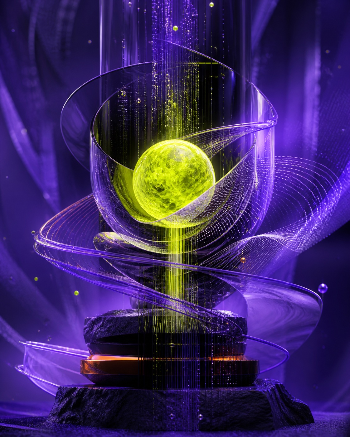 Abstract violet data sculpture orbiting a luminous lime core